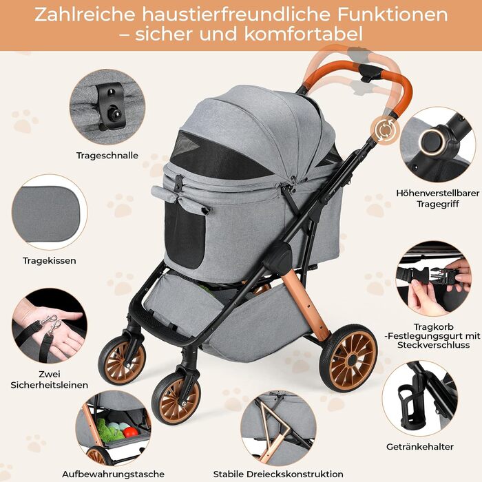 Візок для собак та котів MAMIZO One-Touch, до 25 кг, сірий. Алюмінієвий каркас, регульована ручка, тримач для напоїв, поворотні колеса