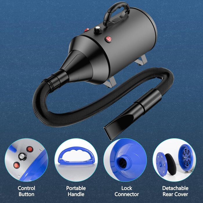 Професійний фен-blower для собак, потужний сушарка-видув 3800W (5.2 к.с.), регулювання швидкості, 4 насадки та еластичний шланг, синій/чорний