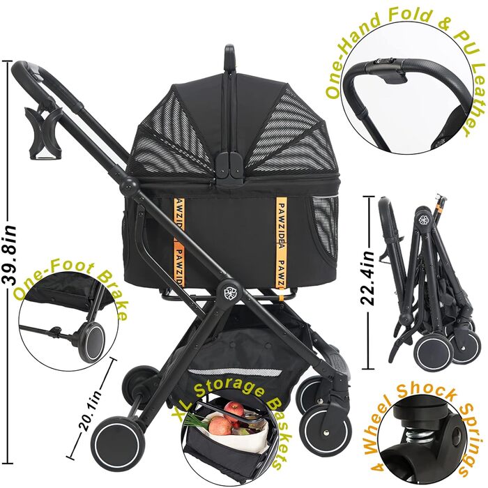 PAWZIDEA Візок для собак 4-в-1, переноска для котів, чорний. Візок для тварин до 33 кг, швидко складається, з капюшоном Easy-Lock