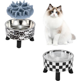 Набір мисок для котів з повільним годуванням (2 шт.) - широкі, з нержавіючої сталі, підставка з пластику та силікону. Ідеально для котів з чутливими вусиками. Фідер для води та корму.