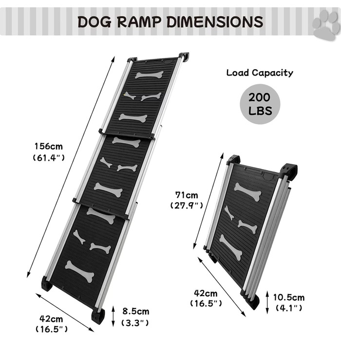 Рампа для собак, складна телескопічна, сіра, 28''x62'' - для великих, середніх та маленьких собак, антиковзка, для авто та SUV