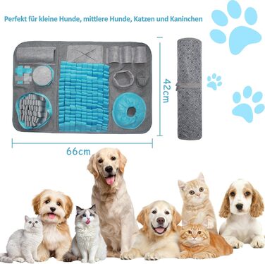 Килимок для пошуку іграшок для собак, 66x42 см [10 VERSTECKE], інтерактивна іграшка-головоломка, міцний, для тренування, підходить для собак будь-якого розміру (Блакитний)