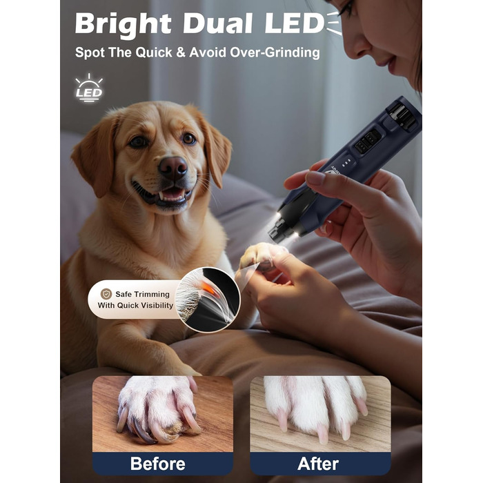 Електричний тример для собак Casfuy - 6 насадок, потужний, тихий, з LED-підсвіткою та збирачем пилу, 4.8V, для великих собак, блакитний