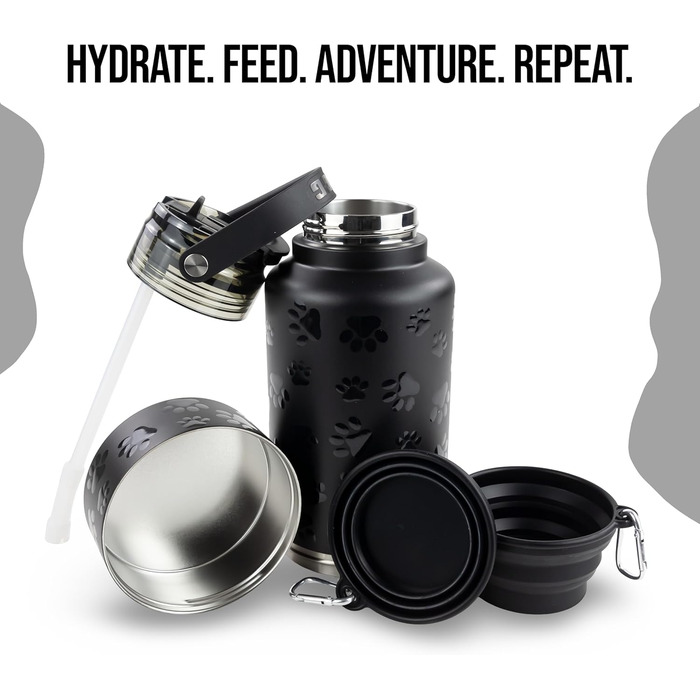 Водяна пляшка для собак Hogg Hydro Hound: портативна миска, ізотермічна, з нержавіючої сталі, чорний дизайн з відбитками лап