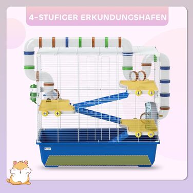 Клітка для хом'яків PawHut 4-ярусна, для дрібних тварин, з аксесуарами (лабіринт, годівниця), блакитна, 78 x 45 x 73 см