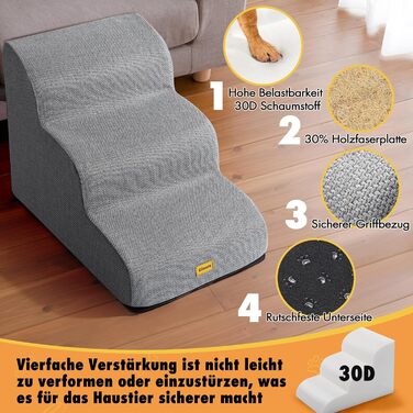 Сходинки для собак Gimars: широкі, міцні, з 3 ступенів, з високощільної піни 30D, сірі, для маленьких та середніх собак, з неслизьким покриттям, знімний та пральний чохол