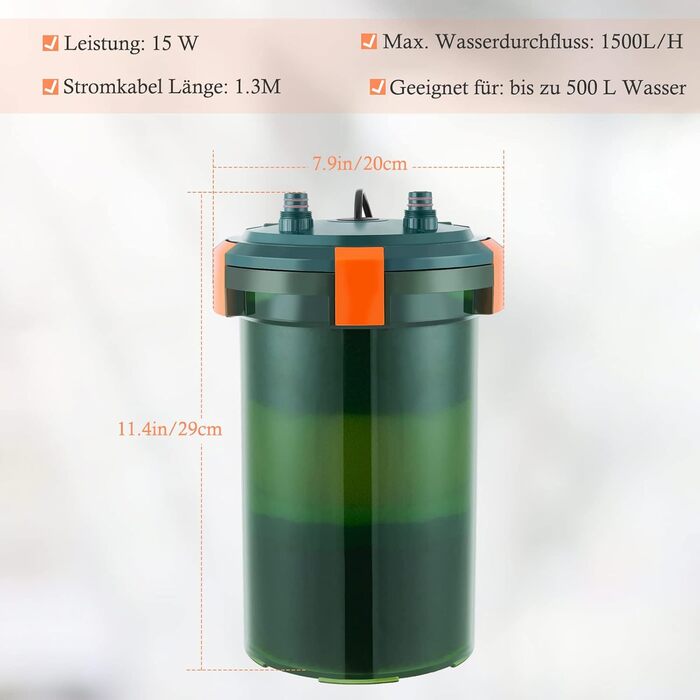 Зовнішній фільтр для акваріума FEDOUR 450/600 л/год, 5Вт, каністровий, з фільтрувальним матеріалом, для акваріумів 35-120 л