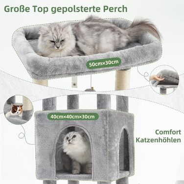 Комплекс для котів Gitelsnour Kratzbaum 135 см, світло-сірий: кігтеточка, будиночок, платформа, гамак - для великих котів до 20 кг