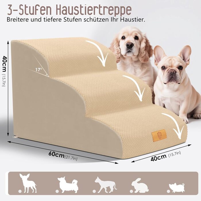 Сходинки для собак, 4 сходинки, знімний поручень, неслизьке покриття, для ліжка та дивану, з високощільним губчастим наповнювачем (3 сходинки, бежевий)