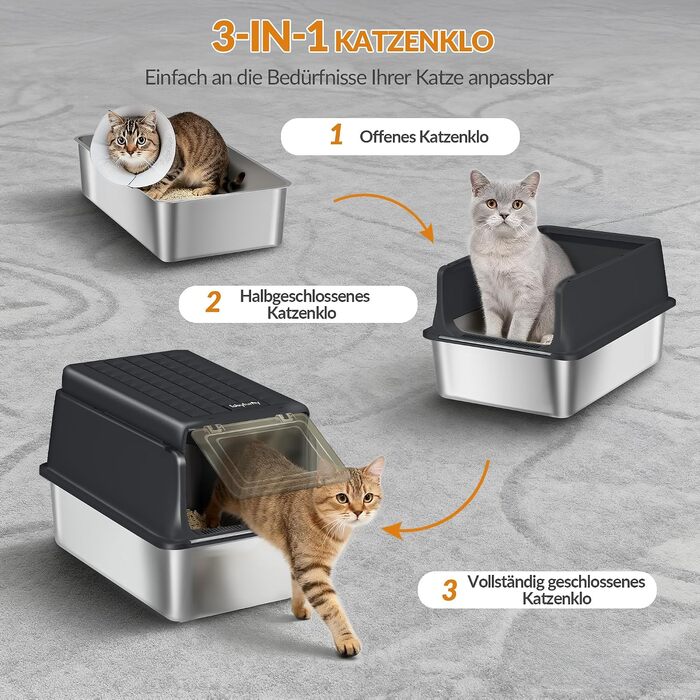 Лоток для котів із нержавіючої сталі XXL, великий туалет для котів 60x40x38,5 см, чорний