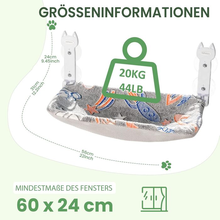 Кішка ліжко на вікно HiPetpy, світлодіодна двостороння матрац, складана та бездротова, міцні присоски до 20 кг, зручний поглиблений дизайн, 360° огляд, підвісна ліжко для котів, віконце-ліжко (Сірий, 1 шт.)