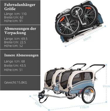 Причеп-перевозник для собак 2-в-1 на велосипед та візок – для собак до 30 кг, складаний, з гальмами, сигнальним прапорцем, для активного відпочинку та дому, легкий у встановленні (Блакитний)