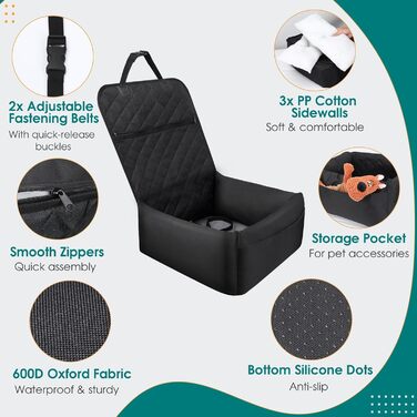 Автомобільне ліжко для собак Mozvvco 2-в-1, чорне. З безпечним ременем, вбираючою підстилкою та знімним чохлом. Для маленьких собак.