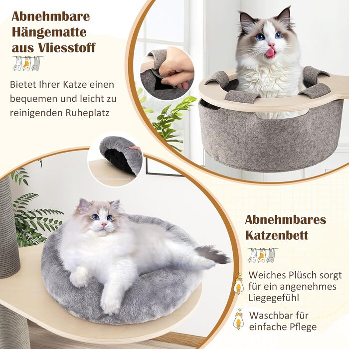 Двоповерховий котячий будиночок COSTWAY з драбиною, 236-271 см, 5-ярусний, з гамаком та платформами, котячий будиночок з плюшем, сірий, з дерева