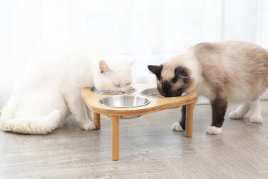 Підвищена миска для котів Miss Meow з бамбуковою підставкою, 3 сталеві чаші, нековзні та знімні ніжки