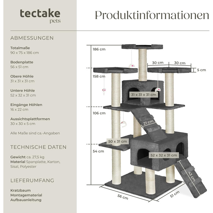 tectake XXL Дерево для котів 186 см, сизалевий стовп, іграшки, будиночок, драбинка, майданчики, антрацит