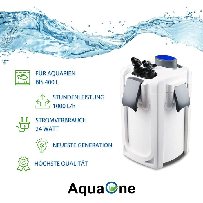 Зовнішній фільтр для акваріума AquaOne HW-702A, 1000 л/год, для акваріумів до 400 л, з фільтрувальними матеріалами, для прісної та морської води