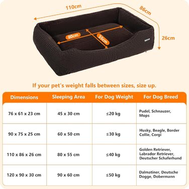 Ліжко для собак з тканини Cord, S/M/L, антиковзаюче, знімний та пральний чохол, м'яке та дихаюче, коричневе, 110 x 85 x 27 см