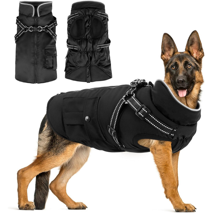 Зимовий теплий одяг для собак великих порід: куртка-жилет без рукавів, чорна, XL, з кріпленням для шлейки, водовідштовхувальна, з підкладкою, світловідбиваюча
