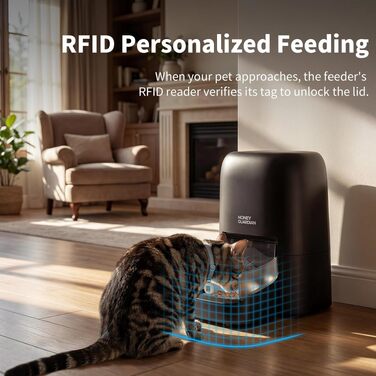 Автоматичний годувальник для котів з RFID-сенсором та WiFi 5G, 4.6л, керамічна миска, персоналізація порцій за нашийником, чорний