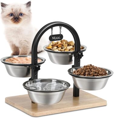 Підвищений годівниця для котів JUJOYBD з 4 нержавіючими мисками, регульована висота, станція годування, миски для їжі та води для котів та маленьких собак