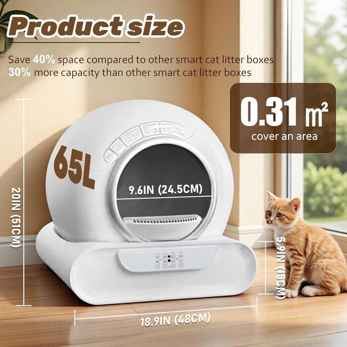 Автоматичний лоток для котів великого розміру з самоочищенням, 65л + 9л, з керуванням через додаток, низький вхід, видалення запаху, для кількох котів
