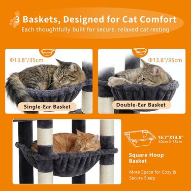 Heybly Katzenbaum 190 см, XXL Дряпка для великих котів, Стабільна висока когтеточка з великою платформою, 2 печери, гамак та міцні стовпи з сизалю, Сірий HCT062G