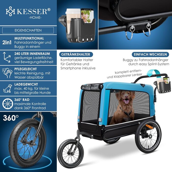 KESSER Причіп-візок для собак Boxer 3в1, велосипедний, великий, 240 л, 600D Оксфорд, амортизований, до 40 кг, з підстаканником