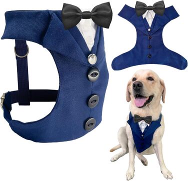 Елегантний собачий смокінг для свят: весілля, день народження, Хелловін, Косплей, Різдво. Комплект з краваткою для собак середніх та великих розмірів (L, обхват грудей 60-88 см). Синій смокінг + чорна краватка