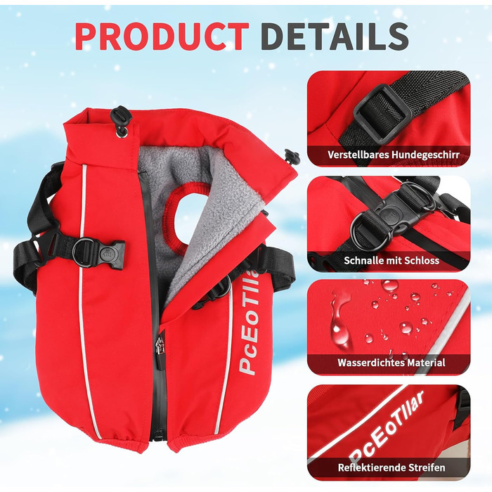 Водонепроникний теплий зимовий накидка для собак маленьких порід, світловідбиваючий, з дзвінком, бавовна, червоний, XXL