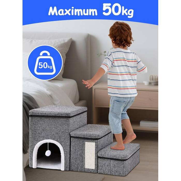 Сходинки для собак маленьких порід, 43 см, 3 сходинки, складаються, з которачкою, протиковзке покриття, до 50 кг, сірі