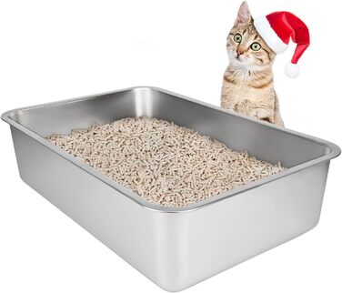 Великий лоток для котів і кроликів IKITCHEN з нержавіючої сталі 50×35×15 см, металевий туалет для тварин, без запаху, не залишає плям, антипригарна гладка поверхня, не ковзає, гумове дно