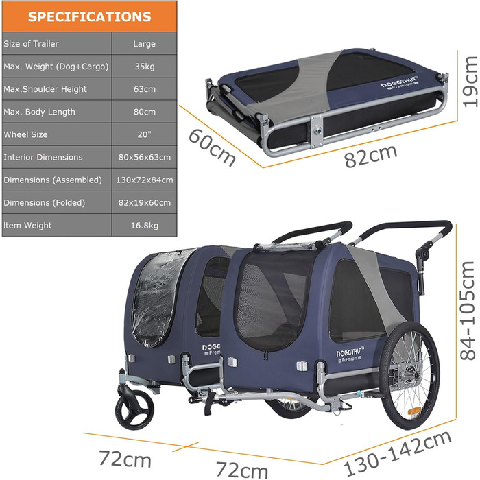 DOGGYHUT® Преміум великий велосипедний причіп для собак 2 в 1 / візок-бігун для собак / причіп для собак великий, 270 літрів, для собак середніх та великих порід до 35 кг, зелений/чорний (синій/чорний)