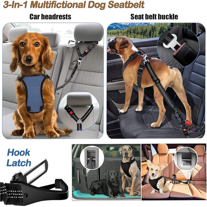 Автомобільний ремінь безпеки для собак Kelivi 3-в-1, чорний. Підходить для великих, середніх та маленьких собак. Ремінь безпеки для тварин, кріплення до підголівника, фіксація, нашийник.