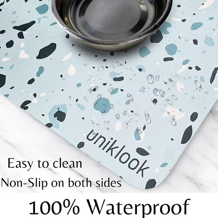 Великий водонепроникний килимок для миски собак і котів Uniklook, 71,1 x 41,9 см, легко миється, тераццо-синій