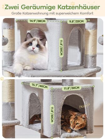 Кігтеточка Taoqimiao 193 см, велика, XXL, з будиночками, гамаком, кошиком та 7 стовпчиками для дряпання, MS047G, сірий колір