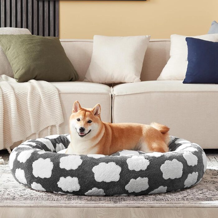 Кругле ліжко для собак JOEJOY Donut, сіре, велике (36x36x10 см), ортопедичне, знімний чохол, антиковзаюча основа