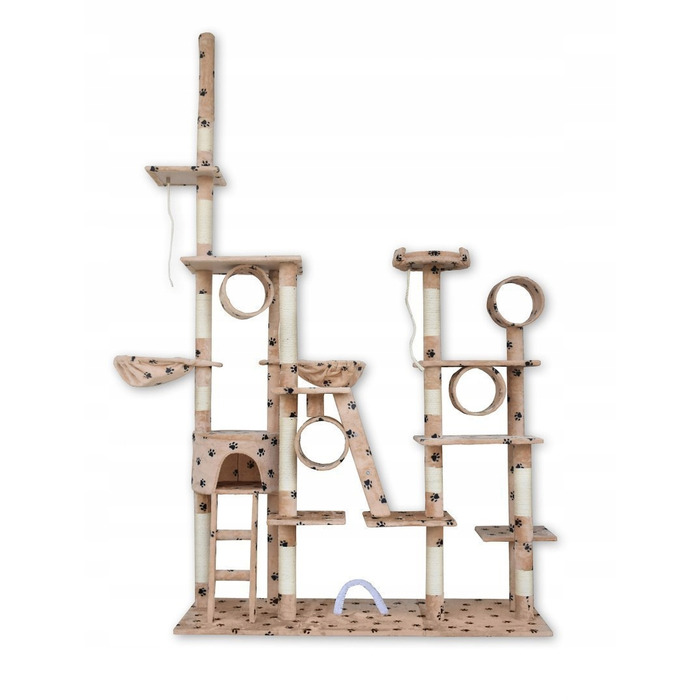 Величезний ігровий комплекс для котів XXL (255 см) — Дряпалка-вежа з гамаком, тунелем та будиночком, бежевий