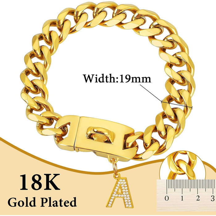 Срібний собачий нашийник 15 мм з кулоном, ланцюжок для прогулянок з нержавіючої сталі з кубинськими зв'язками, міцний, не кусається, для собак малих та середніх порід (55 см, золото-19 мм)