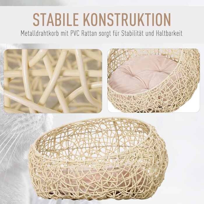 PawHut Ліжко для котів з ротангу з подушкою, котяча хатинка, кошик, лежак для собак і котів, бежевий, Ø56 x 35 см