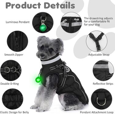 Зимовий одяг для собак: теплий водонепроникний одяг з коміром LED та світловідбиваючими смугами, 5XL, чорний