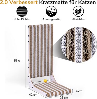 Котячий когтеточка FUKUMARU L-подібної форми, 68 см, з візерунком смуг, з іграшкою, для стіни та кута, з міцного картону