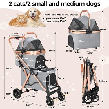 MAMIZO Подвійний візок для собак, переноска для тварин до 15 кг, складний двоярусний візок для собак, котячий візок на 2 яруси з 4 зносостійкими колесами PU, переносна сумка для собак (Сірий)