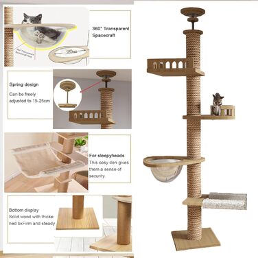 Котячий кігтетоп на стелю Kratzbaum, кігтетоп-капсула, гамак для котів, повністю обмотаний сизалевим мотузком, ширина 11 см, висота до стелі (240-250 см, 265-275 см T04)