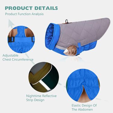 PETCUTE Водонепроникний зимовий дощовик для собак, теплий дощовик для собак середніх та великих порід, з світловідбиваючими смугами, з отвором для шлейки, сірий+блакитний