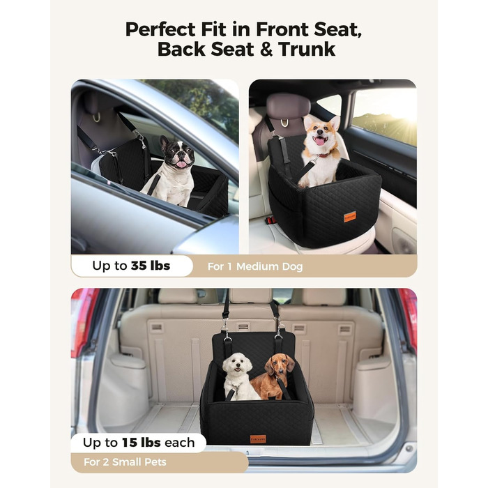 Автокрісло для собак Petcozife: безпечне та зручне автокрісло для собак малого та середнього розміру (до 15 кг), знімний, з товстим килимком та двома страхувальними ременями (чорний)
