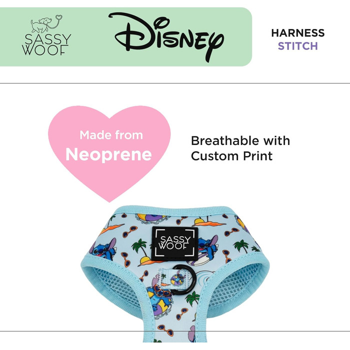 Регульована шлейка для собак Sassy Woof Disney Stitch S, дихаюча сітка, не тягне, подвійний D-кільце, патентований дизайн, для маленьких собак та цуценят, офіційна