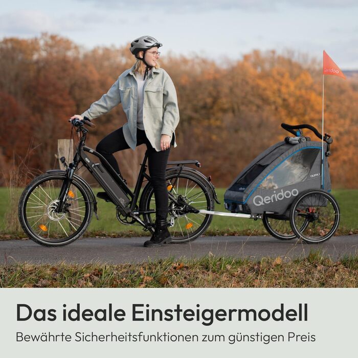 Причіп для велосипеда Qeridoo QUPA 1 з листковою підвіскою, складаною кабіною, розширюваним сидінням, візок-причіп, регульована ручка, 5-точкова система ременів безпеки, для 1 дитини, блакитний