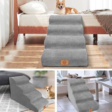 Сходинки для собак маленьких порід, 4 сходинки, знімний підйомник, неслизьке покриття, для ліжка та дивану, сірий колір