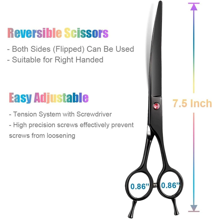 Професійна вигнута ножиця для собак 7,5' - ножиці для грумінгу собак, вигнуті ножиці для шерсті, ергономічна ручка (чорний)